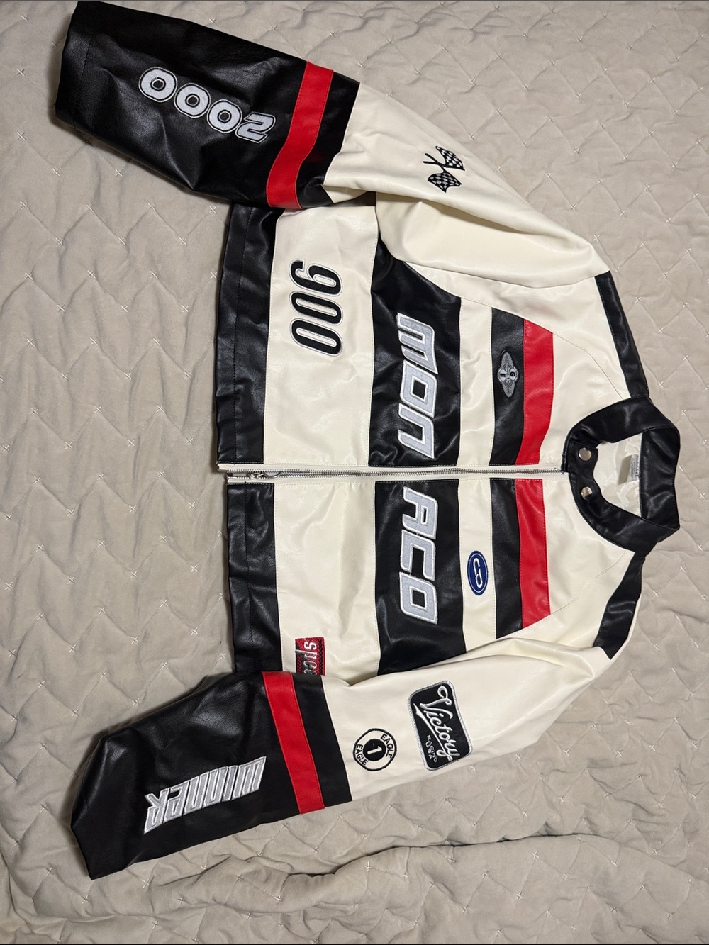 Spirit Black White and Red Racing-Style Bomber Jacket